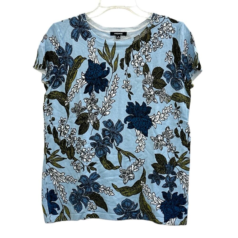 Premise Floral Nature Short Sleeve Knit Top Sweater Light Robins Egg Blue M EUC.